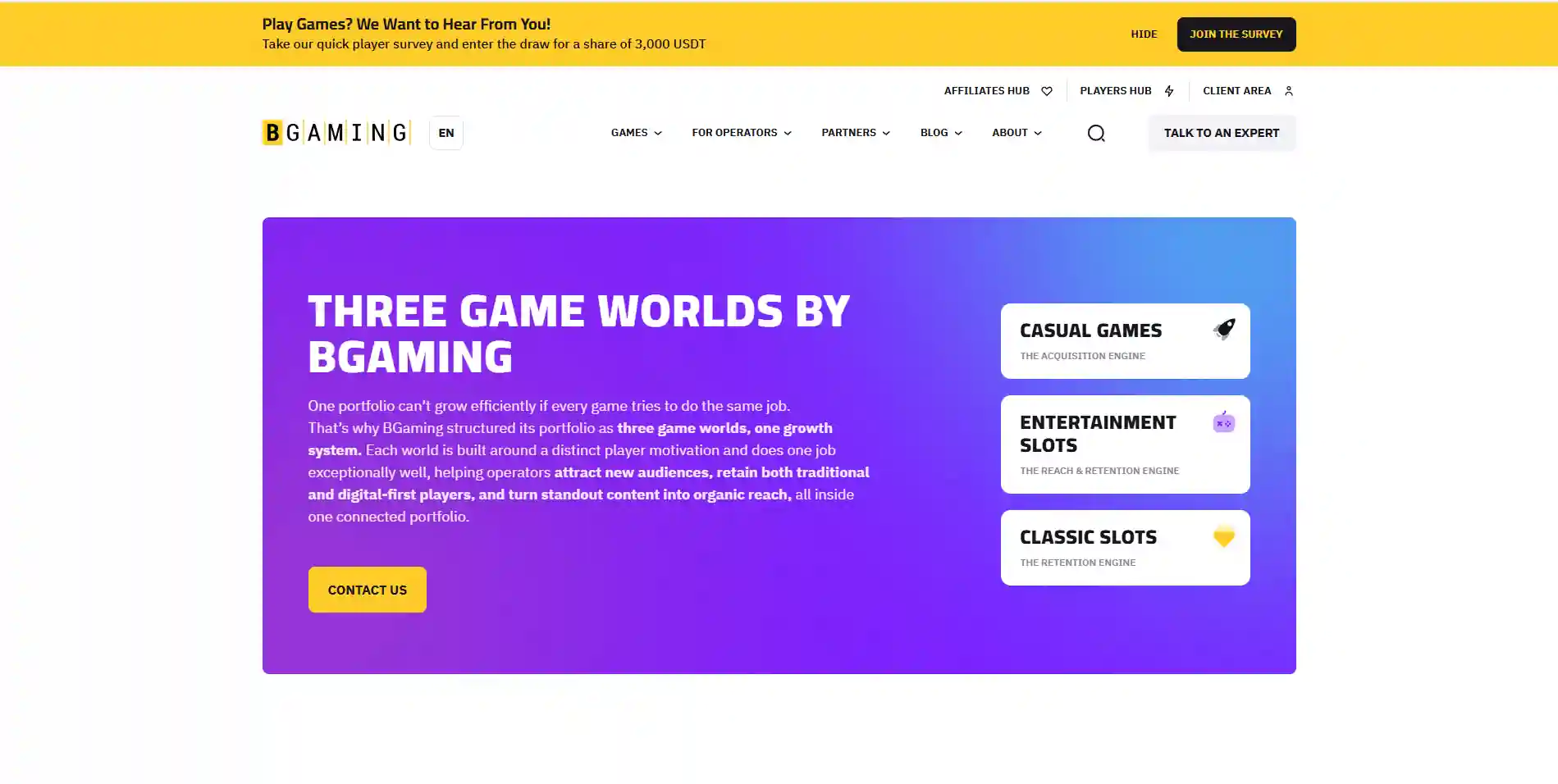 BGaming official Three Game Worlds page showing the Classic, Casual and Entertainment portfolio categories