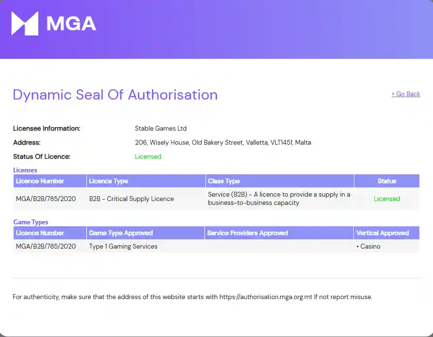Malta Gaming Authority Dynamic Seal for Stable Games Ltd showing licence MGA/B2B/785/2020 as licensed