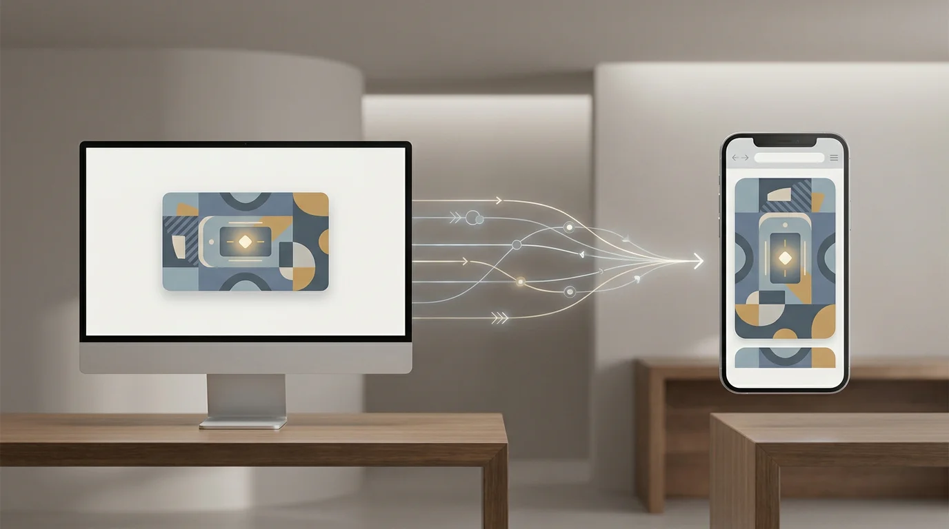 Editorial illustration of one game-content tile adapting from a desktop screen to a mobile browser screen
