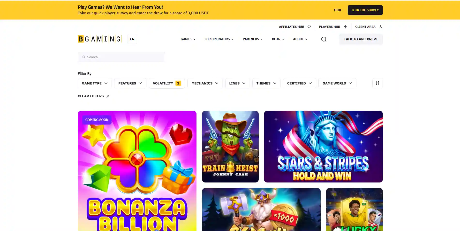 BGaming games catalogue showing title-level RTP and volatility labels