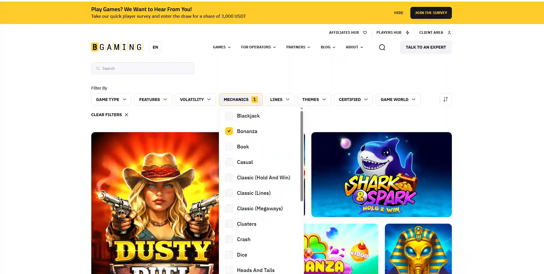 Official BGaming games catalogue showing game categories and filters