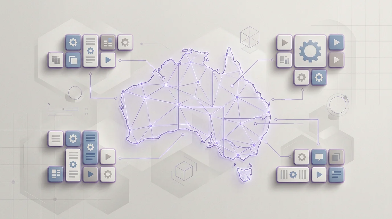 Editorial illustration of Australia with abstract game tiles and a provider network motif