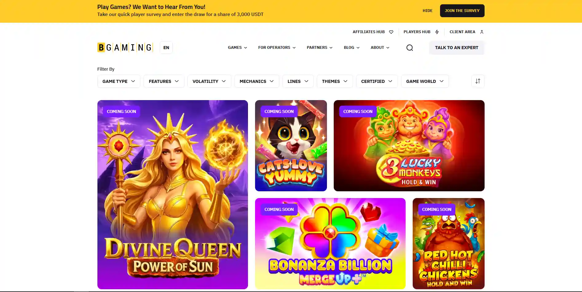 Official BGaming games catalogue with game categories and filtering controls visible